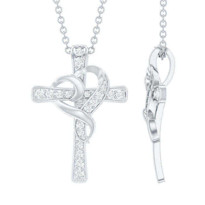 Silver chain necklace featuring a certified moissanite cross and heart pendant by Rosec Jewels, elegant jewelry accessory.