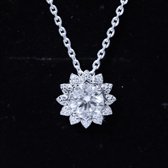 Certified 2 Carat Moissanite sunflower pendant necklace with silver chain, featuring a sparkling floral design by Rosec Jewels.