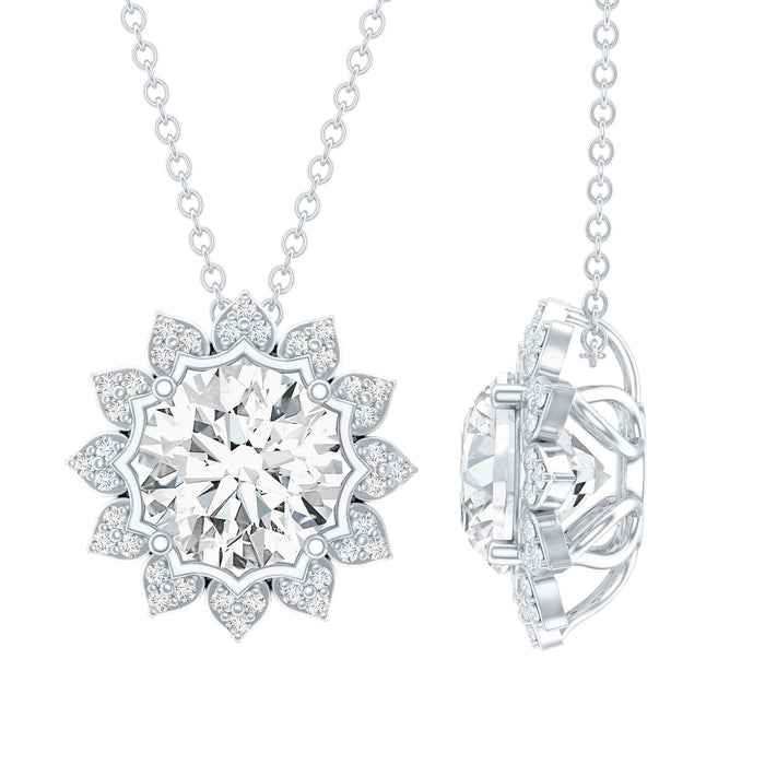 Certified 2 Carat Moissanite sunflower pendant necklace with silver chain, elegant jewelry by Rosec Jewels.
