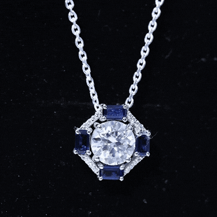 Vintage Moissanite sapphire pendant on silver chain from Rosec Jewels, featuring a sparkling gemstone and elegant design