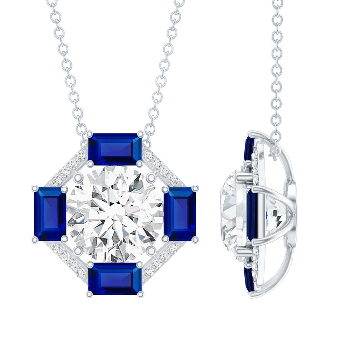 Vintage moissanite sapphire pendant from Rosec Jewels with a silver chain, featuring a sparkling gemstone in an elegant design.