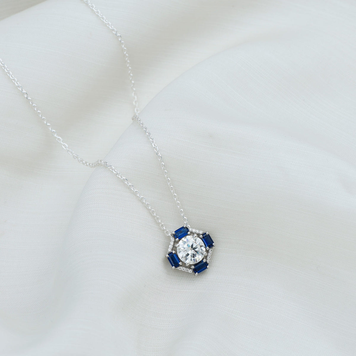 Certified Moissanite Sapphire Vintage Necklace with Silver Chain