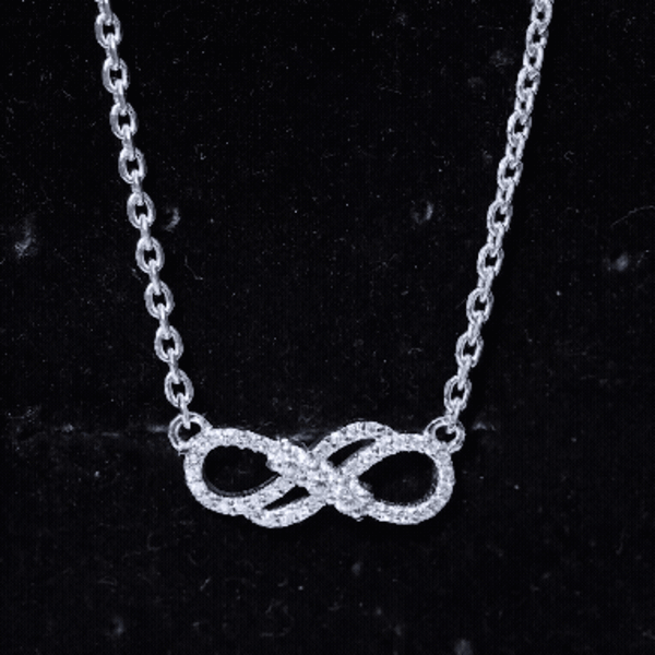 Certified Moissanite infinity symbol necklace for women, featuring sparkling moissanite stones in a pendant from Rosec Jewels.