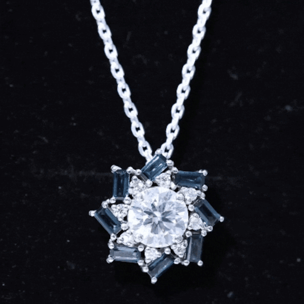 Certified 2 Carat Moissanite and London Blue Topaz pendant necklace by Rosec Jewels featuring a sparkling gemstone pendant.