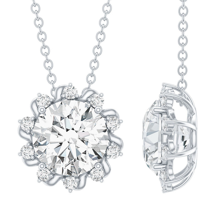 Round 2-carat moissanite sunburst pendant on silver chain, elegant jewelry piece from Rosec Jewels.