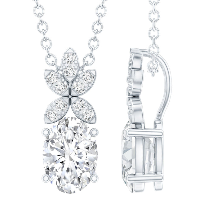 Oval-shaped moissanite flower pendant necklace by Rosec Jewels featuring a 0.9 carat gemstone on a delicate chain.