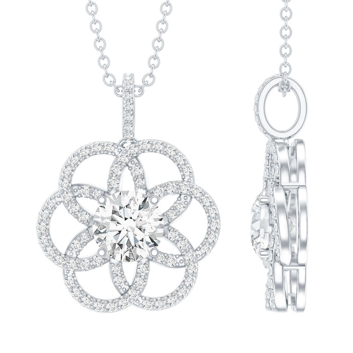 Sterling silver moissanite flower pendant necklace with elegant design, featuring sparkling gemstone accents on a delicate chain.