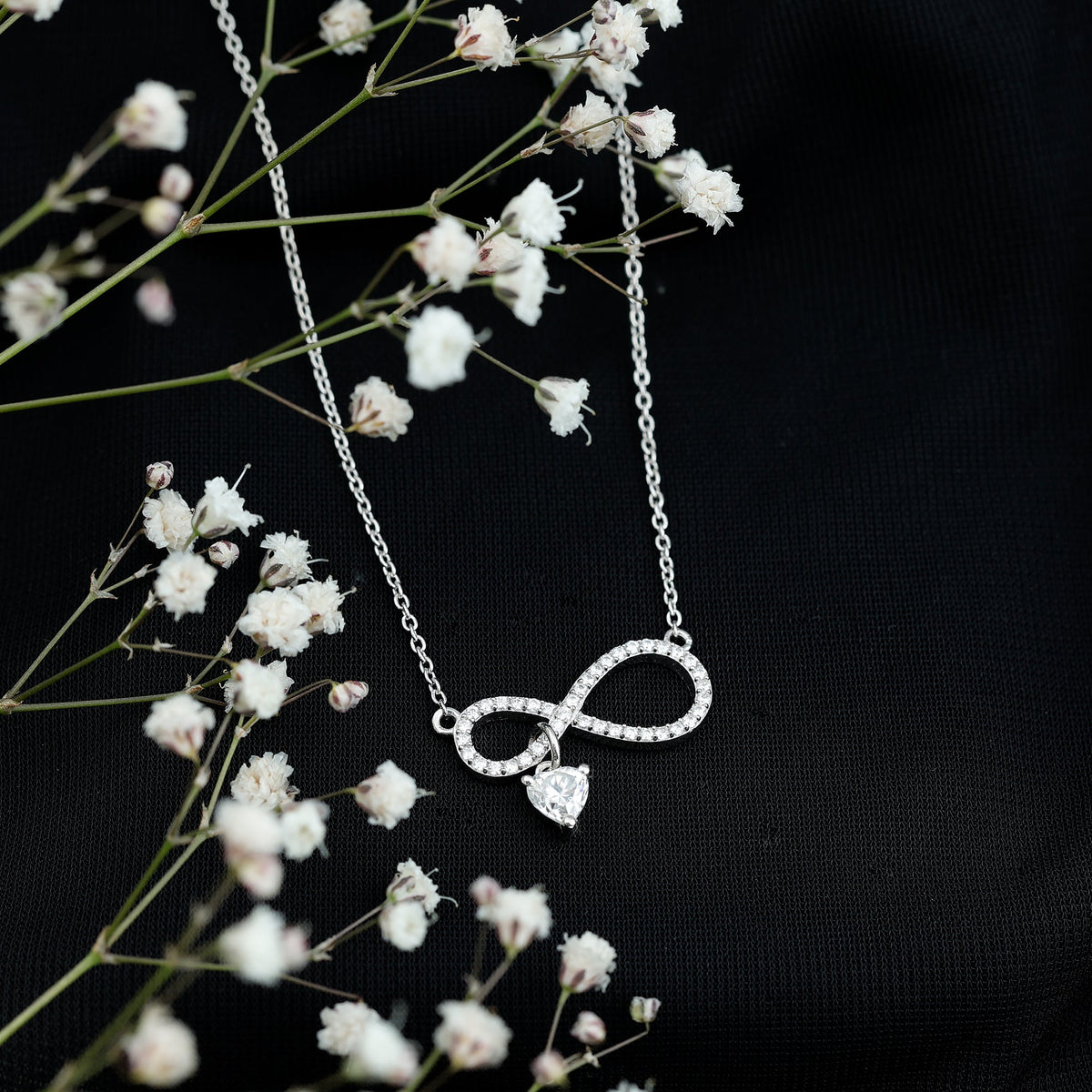 Sterling Silver Moissanite Infinity Necklace with Heart Charm