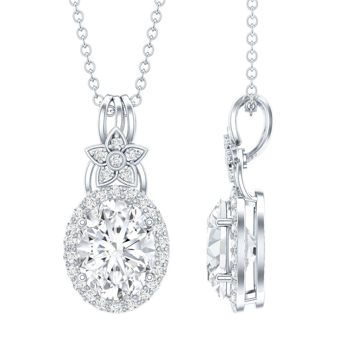 Vintage-inspired 2 carat moissanite halo pendant in 14k gold-plated silver, featuring intricate detailing and elegant design.