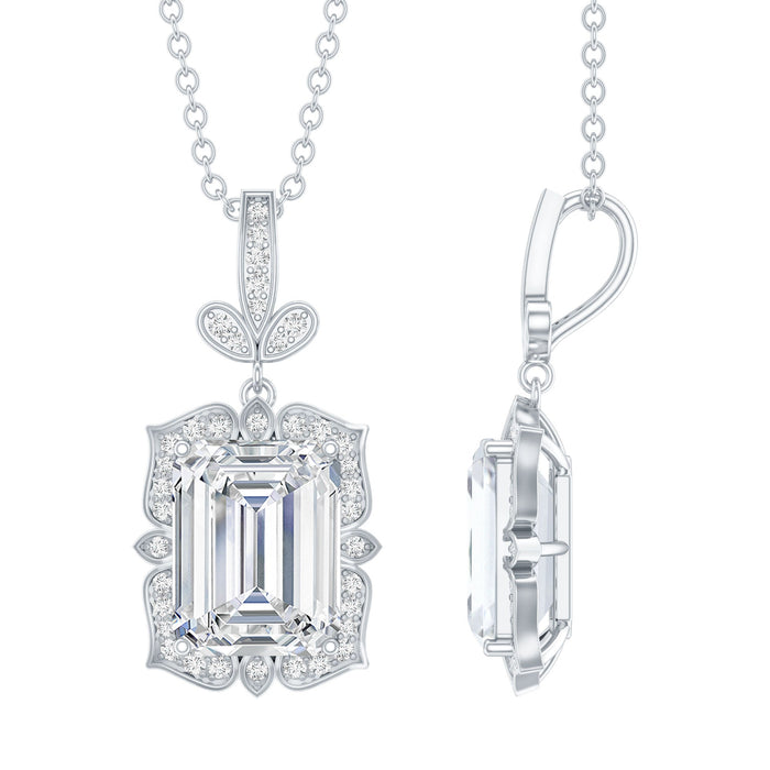 Vintage-inspired 2.8 carat moissanite emerald cut pendant on silver chain by Rosec Jewels, showcasing elegant jewelry design.