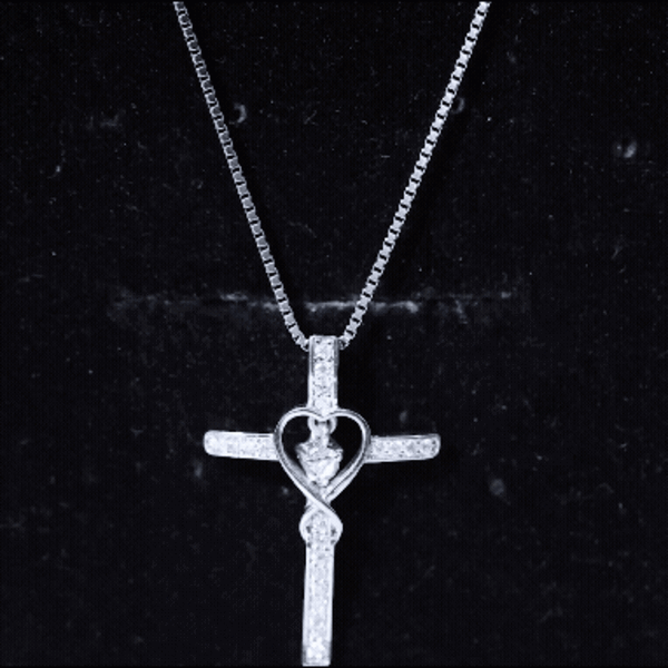 Rosec Jewels certified moissanite Catholic cross heart pendant, sparkling jewelry with religious design and elegant craftsmanship.