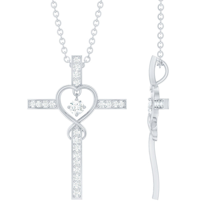 Certified Moissanite Catholic Cross Heart Necklace pendant with a sparkling cross and heart design from Rosec Jewels.