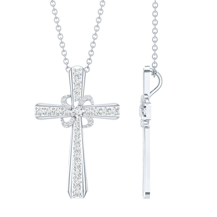 Certified moissanite cross pendant with silver chain from Rosec Jewels, showcasing a sparkling cross design on a delicate silver chain.