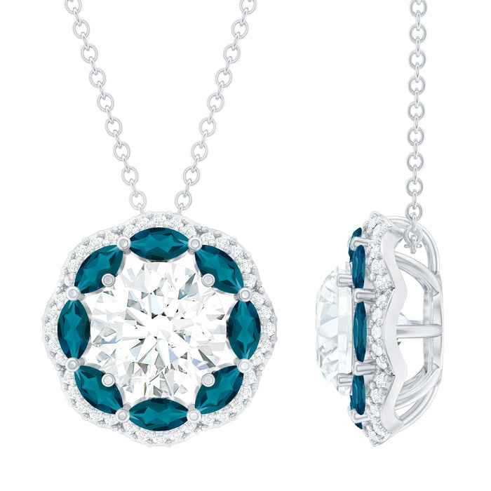 Rosec Jewels flower pendant with 2 CT moissanite and London Blue Topaz on a silver chain, close-up of sparkling jewelry.