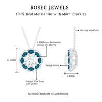 Certified 2 CT Moissanite and London Blue Topaz Flower Necklace With Silver Chain