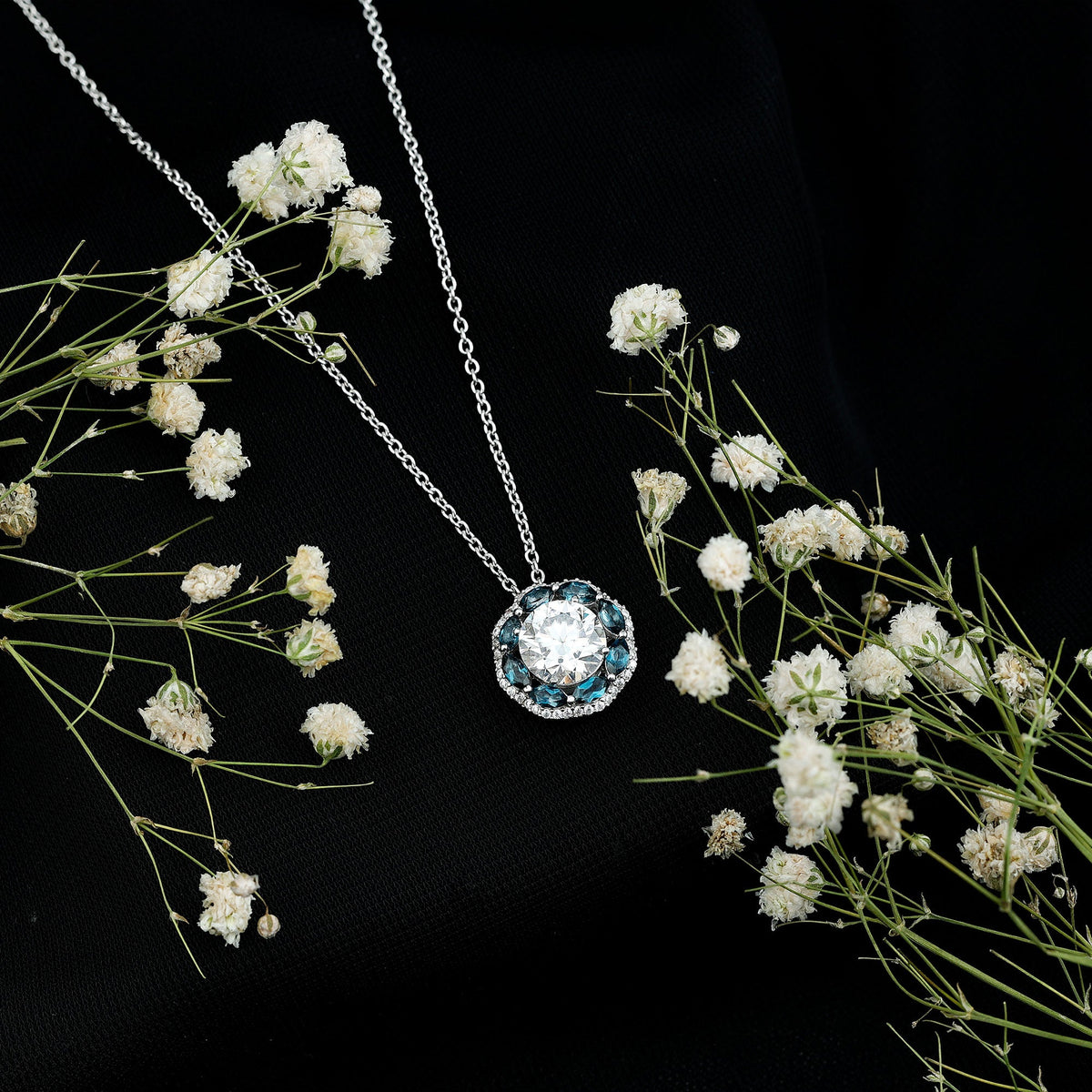 Certified 2 CT Moissanite and London Blue Topaz Flower Necklace With Silver Chain