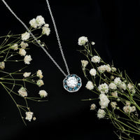 Certified 2 CT Moissanite and London Blue Topaz Flower Necklace With Silver Chain