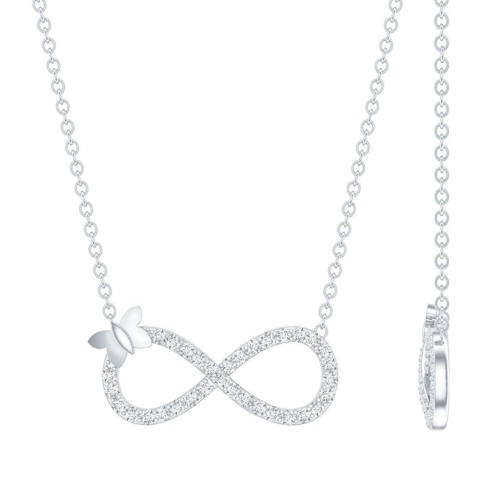 Rosec Jewels certified pave set moissanite infinity pendant with butterfly design, showcasing sparkling jewelry craftsmanship.