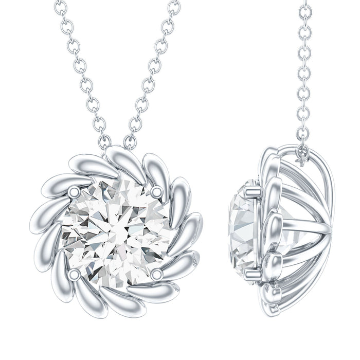 Certified 2 carat moissanite solitaire pendant necklace with silver chain by Rosec Jewels, featuring a sparkling central gemstone.