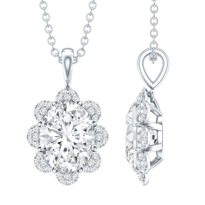 Flower-inspired 2 carat moissanite oval pendant necklace with silver chain from Rosec Jewels. Elegant jewelry for special occasions.