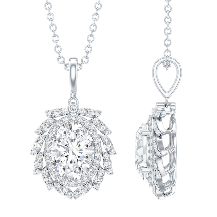 Oval-shaped 1.29 Carat Moissanite wedding pendant with silver chain from Rosec Jewels, showcasing the sparkling gemstone and elegant design.