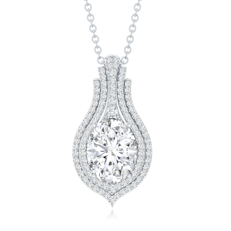 Oval 2 carat moissanite pendant necklace with chain from Rosec Jewels, showcasing a sparkling statement jewelry piece.