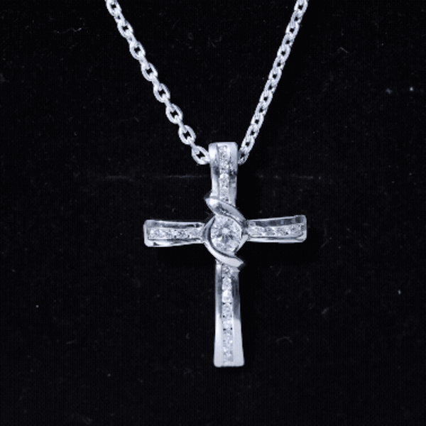 Certified Moissanite cross pendant necklace with silver chain, featuring a sparkling cross design and elegant chain from Rosec Jewels.