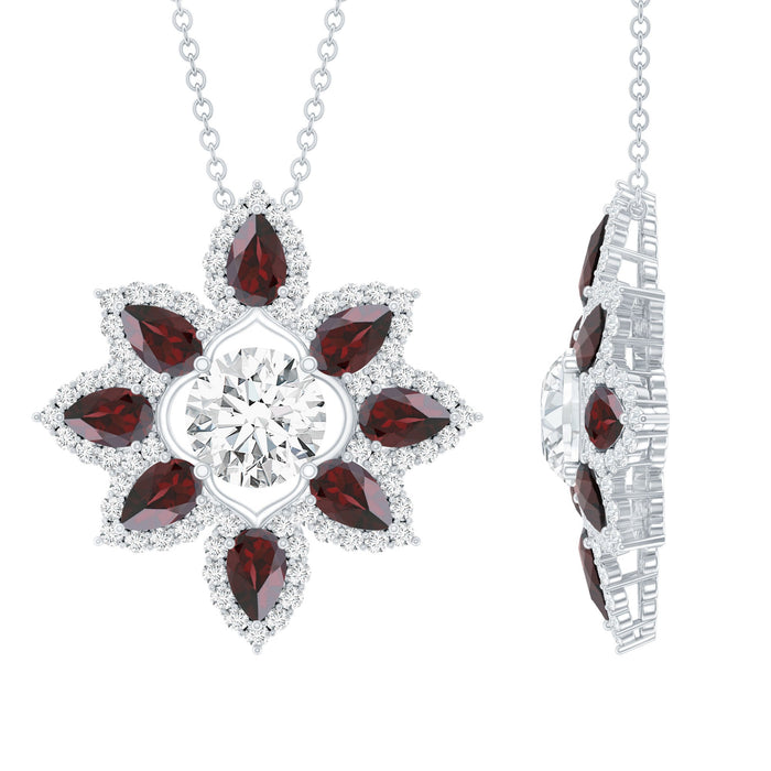 Rosec Jewels 1.36 Carat Moissanite flower pendant necklace with garnet accent, showcasing a sparkling floral design.