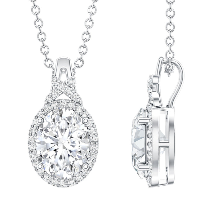 Oval Moissanite pendant with halo design, 1 carat certified gemstone, featuring a rose gold setting from Rosec Jewels.