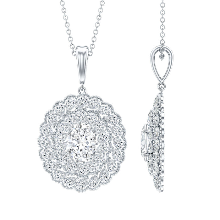 Oval moissanite pendant necklace with chain, certified 1.29 carats, elegant bridal statement jewelry by Rosec Jewels.