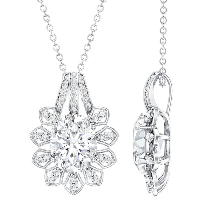 Oval 2 carat moissanite vintage pendant necklace with silver chain by Rosec Jewels. Elegant jewelry with sparkling gemstone.