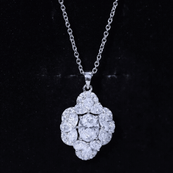 Rosec Jewels certified moissanite flower pendant necklace for weddings, showcasing a sparkling floral design.