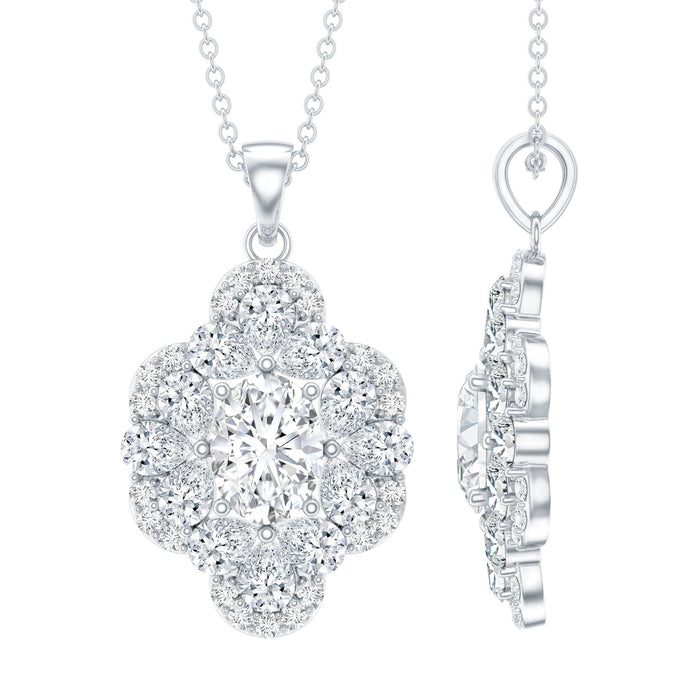 Rosec Jewels certified moissanite flower pendant necklace for wedding, featuring a delicate floral design on a chain.