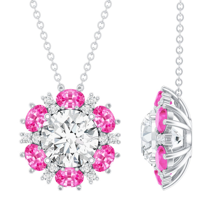 Certified 2 CT Moissanite and pink sapphire flower pendant necklace with gold chain, showcasing elegant jewelry design.