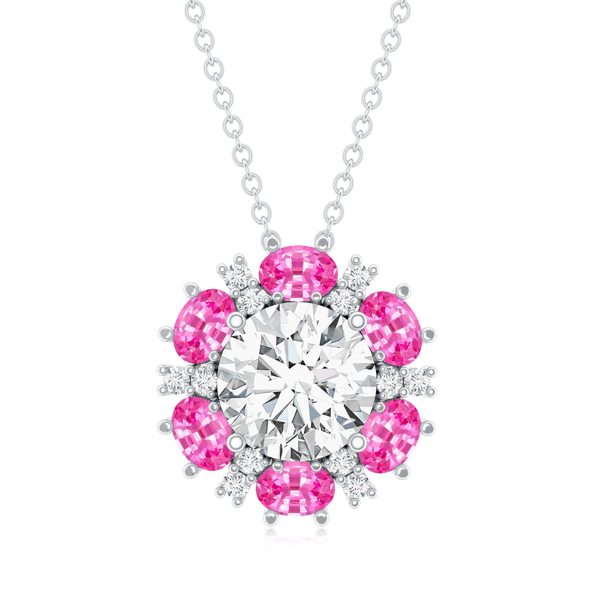 Certified 2 CT Moissanite and Lab Grown Pink Sapphire Flower Pendant Necklace