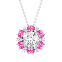 Certified 2 CT Moissanite and Lab Grown Pink Sapphire Flower Pendant Necklace