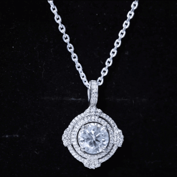 Certified 2 Carat Moissanite double halo pendant on silver chain by Rosec Jewels, featuring sparkling white gemstone design.
