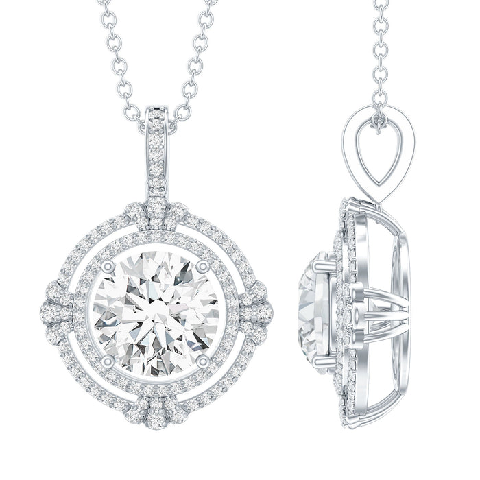 Certified 2 Carat Moissanite double halo pendant on silver chain by Rosec Jewels, showcasing sparkling center stone and intricate design.