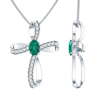 Certified Lab Grown Emerald Christian Cross Necklace With Silver Chain