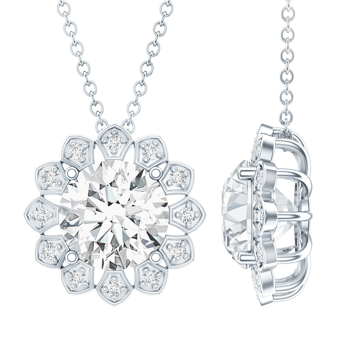 Certified 2 CT Moissanite Statement Flower Necklace with Silver Chain