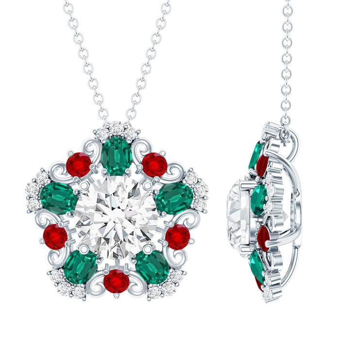 Certified 2 Carat Moissanite statement pendant necklace with lab ruby and emerald, featuring a Rosec Jewels design.