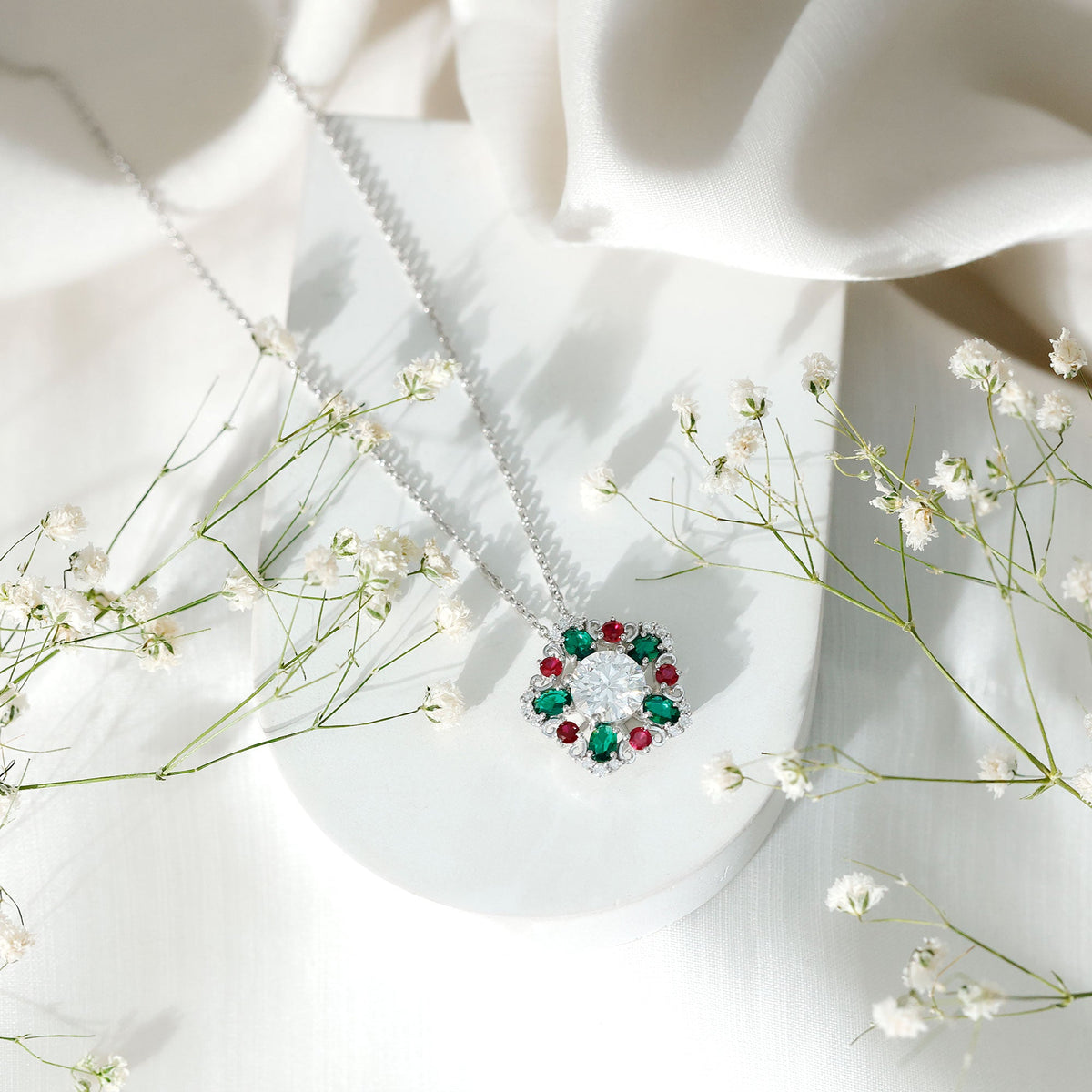 Certified 2 Carat Moissanite Statement Necklace with Lab Ruby and Emerald