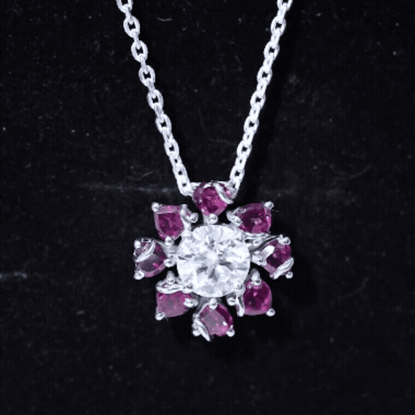 Elegant Rosec Jewels 2 Carat Moissanite pendant with Rhodolite gemstone, showcasing a stylish designer necklace.