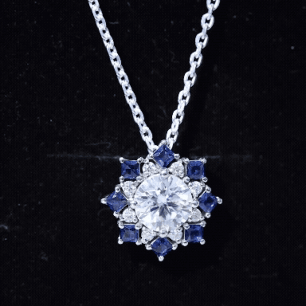 Elegant designer necklace pendant featuring certified Moissanite and lab sapphire stones with a chain by Rosec Jewels.