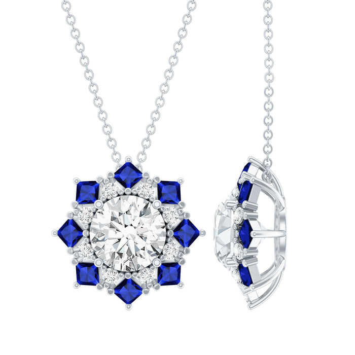 Elegant pendant necklace featuring certified moissanite and lab sapphire stones from Rosec Jewels with a delicate chain.