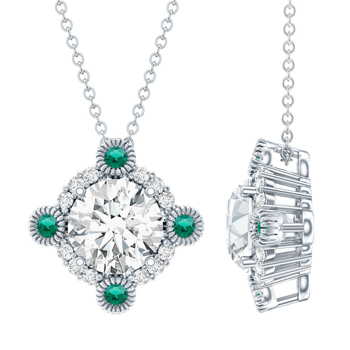 Vintage-inspired 2-carat moissanite necklace with lab emerald pendant by Rosec Jewels, featuring intricate design and sparkling gemstones.
