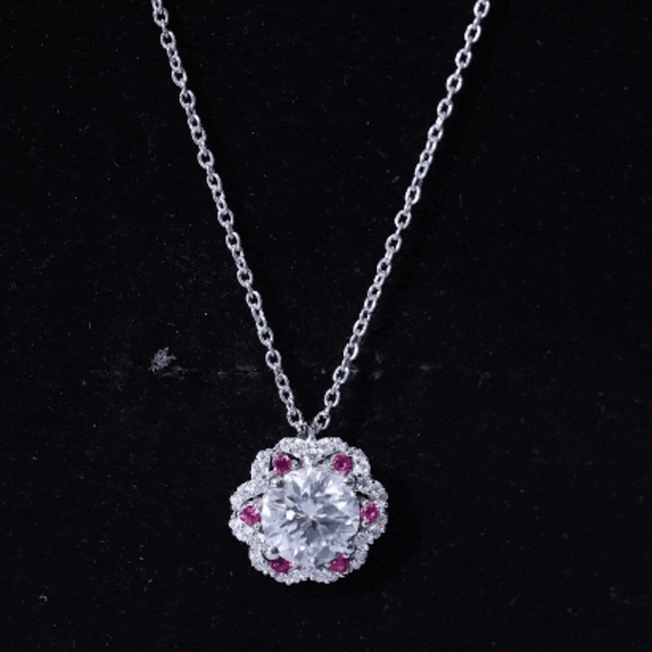 Certified 2 Carat Moissanite statement pendant necklace with lab ruby by Rosec Jewels, featuring a sparkling moissanite and vibrant ruby.