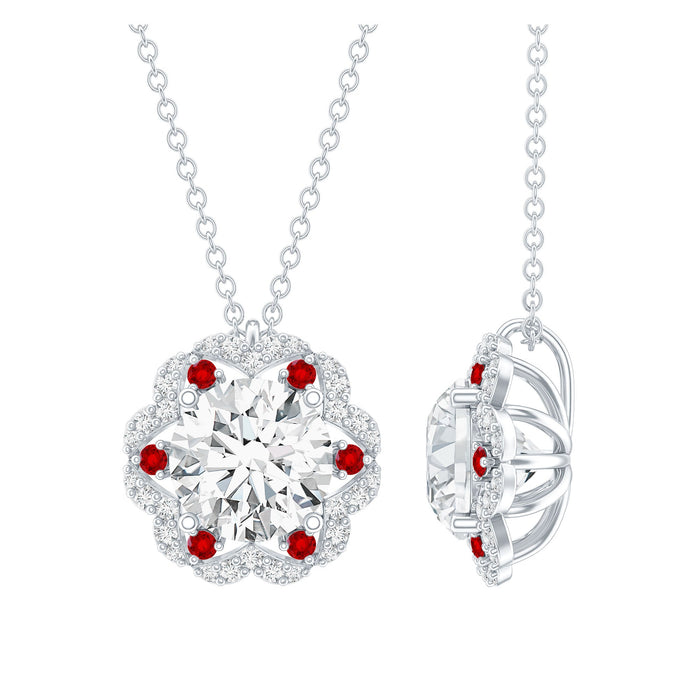 Certified 2 Carat Moissanite statement pendant necklace with lab ruby, featuring a sparkling design by Rosec Jewels.