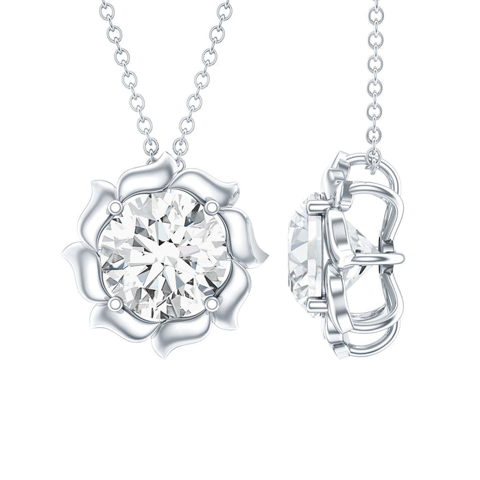 2 carat solitaire moissanite flower pendant on silver chain by Rosec Jewels, showcasing a sparkling flower design.