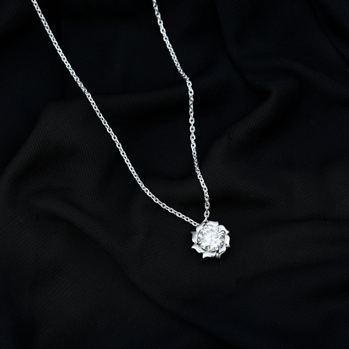 2 Carat Solitaire Moissanite Flower Pendant with Silver Chain
